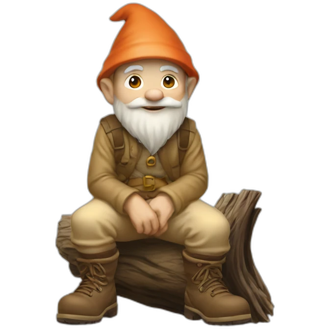side view of gnome with light tan pants and light tan boots squatting in front of small brown log emoji