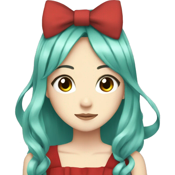 anime, girl, long teal hair, red eyes, black bow on her head, red dress emoji
