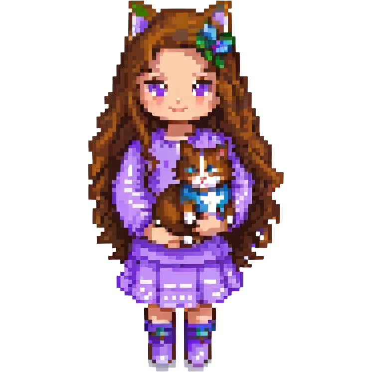 Add a sunset background to the scene with a girl with long, wavy brown hair, brown eyes, purple clothes, and a three-color cat in pixel art style. emoji