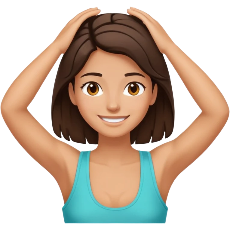 Brunette girl smiling in tank top with hands on her head emoji