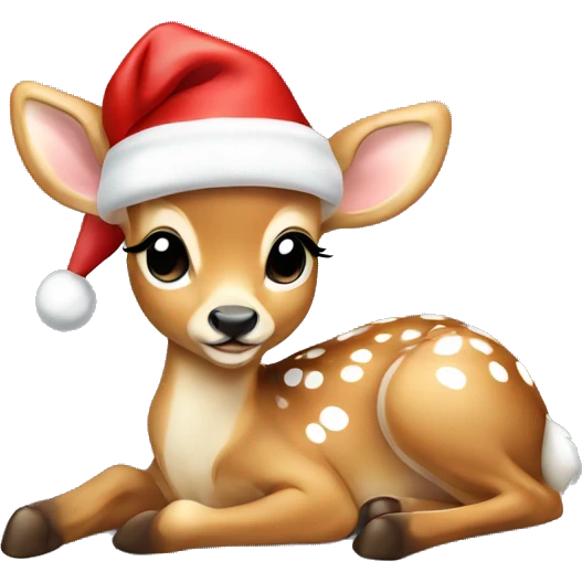 baby deer with white spots lying down wearing a santa hat emoji