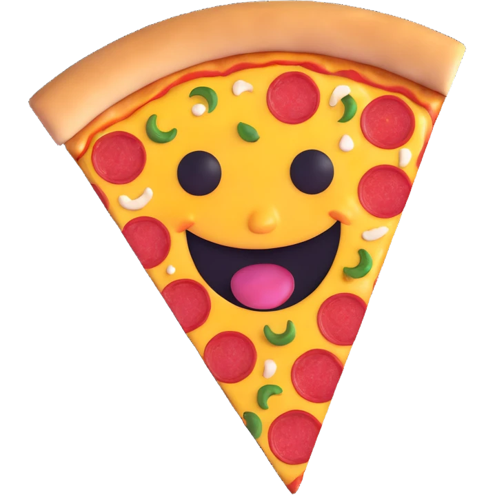 happy face taking a bite out of a juicy pizza, clear bite mark, bright colors, glossy finish, cheerful and playful emoji