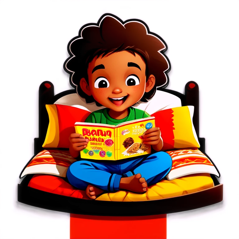 Kid eating granola bar in bed reading sitting Indian style emoji