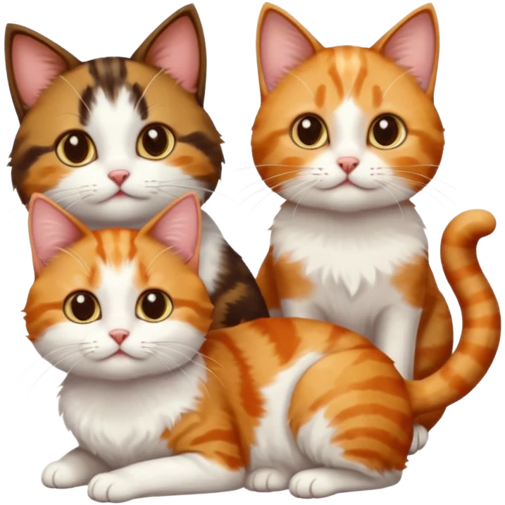 3 different coloured small cats including a dark brown tabby and white, and a patchy calico, and a ginger and white emoji