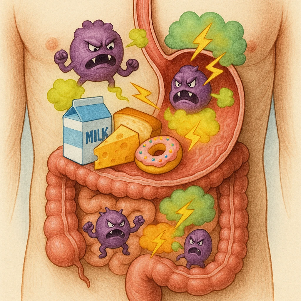 Anatomical illustration: cross-section of the human torso focusing on stomach and intestines. Inside, stylized parasites react aggressively to dairy, gluten, and sugars (foods highlighted with bright colors). The parasites release symbolic toxins like colored gas and lightning bolts. Medical illustrative style. emoji