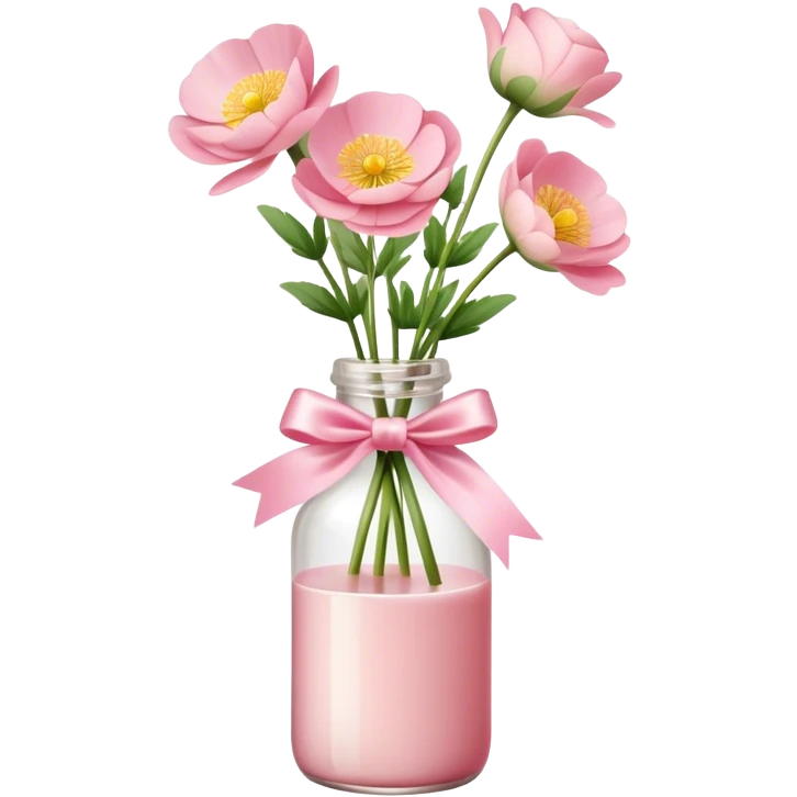 aesthetic bow in Cream Pink , Sugar Pink color glass bottle and in it a beautiful bouquet of Satin Pink Chinese buttercup  emoji