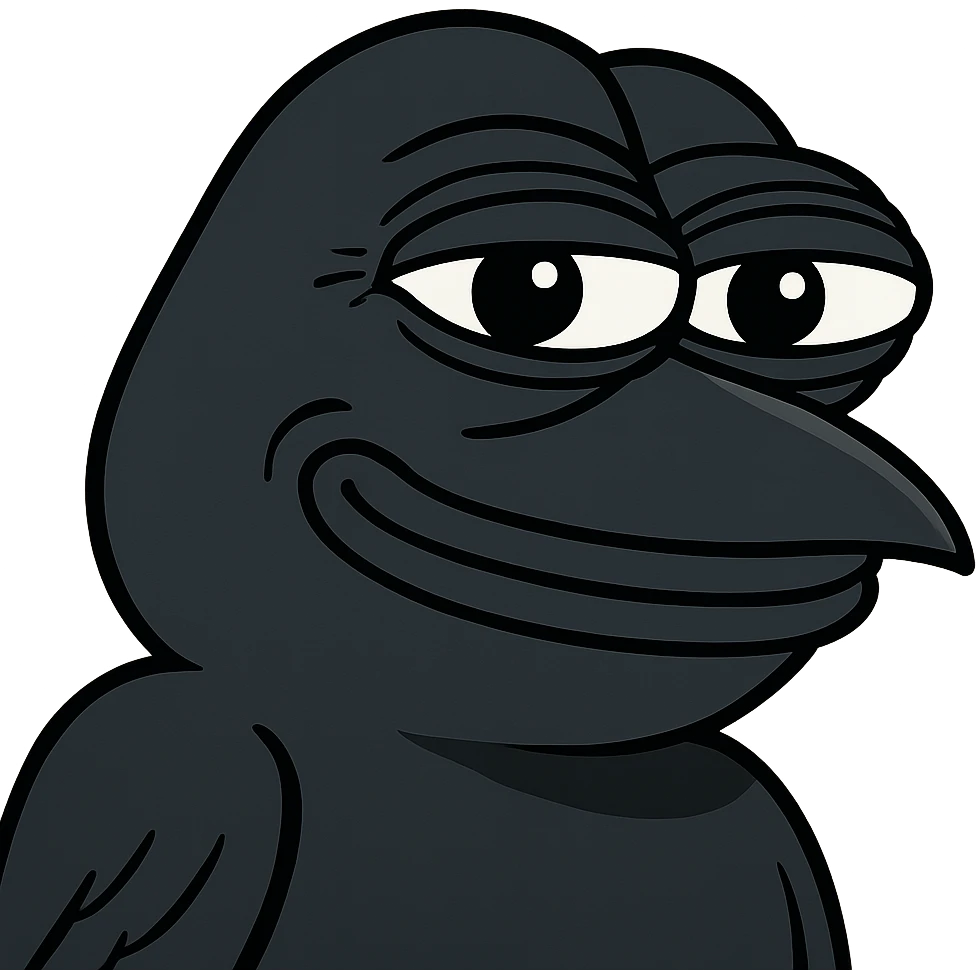 a crow in the style of Pepe the Frog, expressive and meme-like emoji