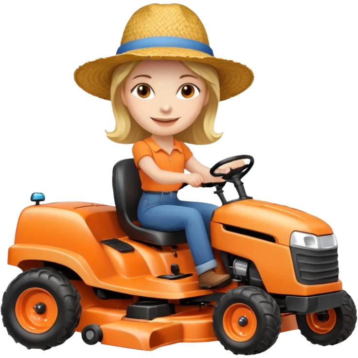 White woman without glasses wearing a straw hat, on orange ride on lawn mower.  emoji