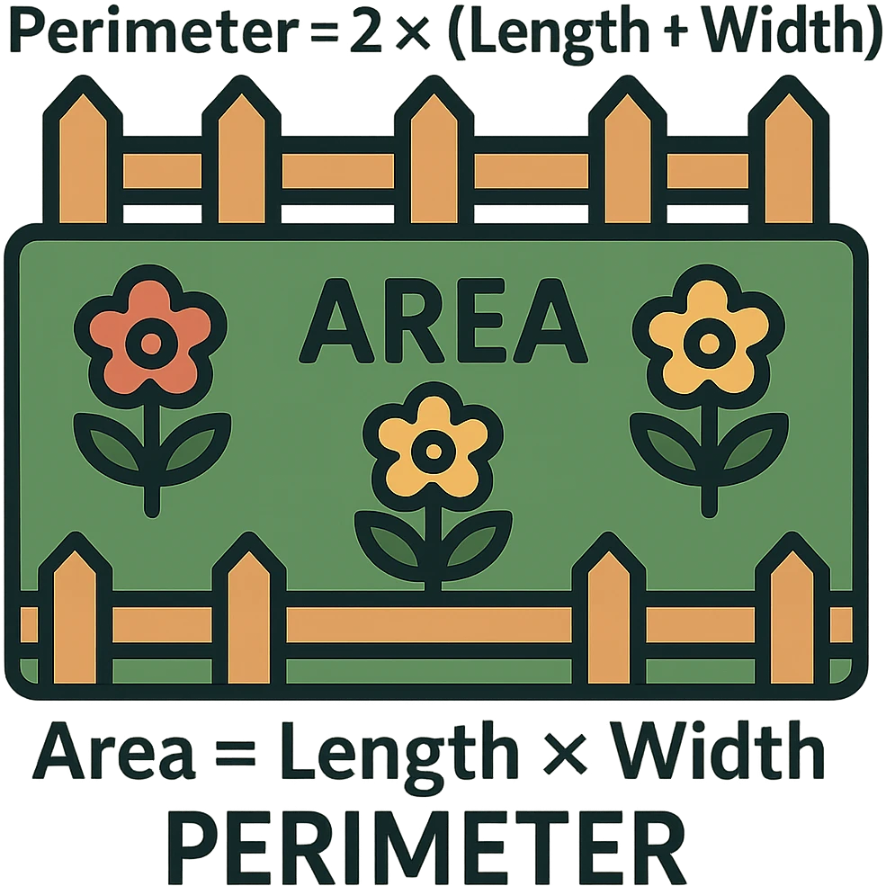 Add text labels: Perimeter = 2 × (Length + Width), Area = Length × Width. Place the labels near the garden fence and flowers, suitable for grade 4. Keep the background transparent. emoji