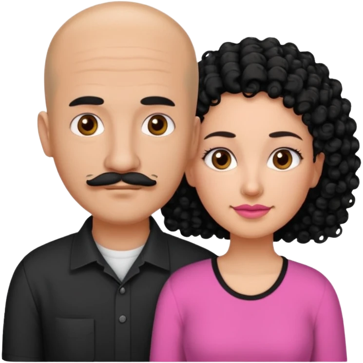 A picture if a couple, the man is a Mexican man with really short almost bald black hair and a trimmed mustache, a black shirt on. the woman is mixed with black and white, with curly hair and a pink shirt on emoji