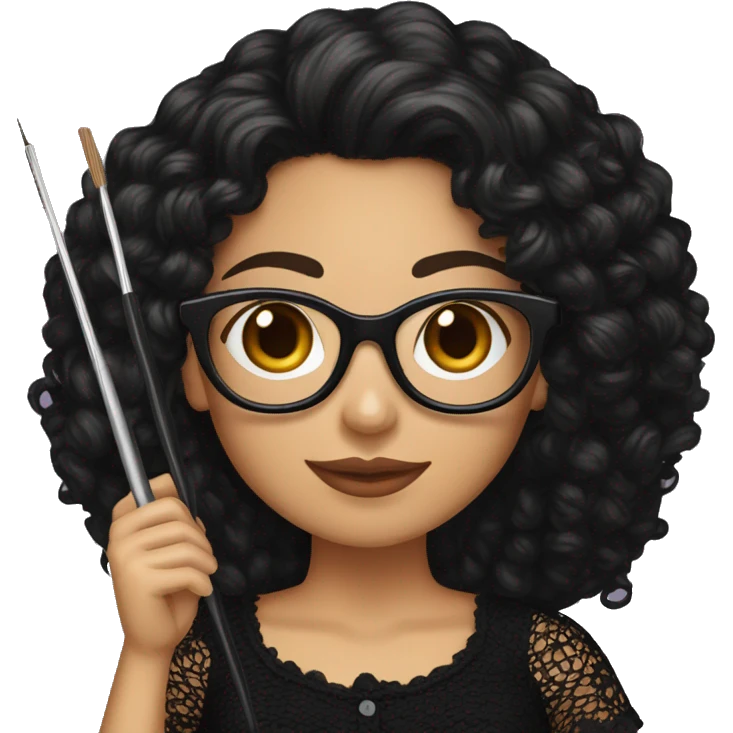 Hispanic woman with black glasses and long dark brown curly hair holding crochet hook and yarn wearing a black lace shirt emoji