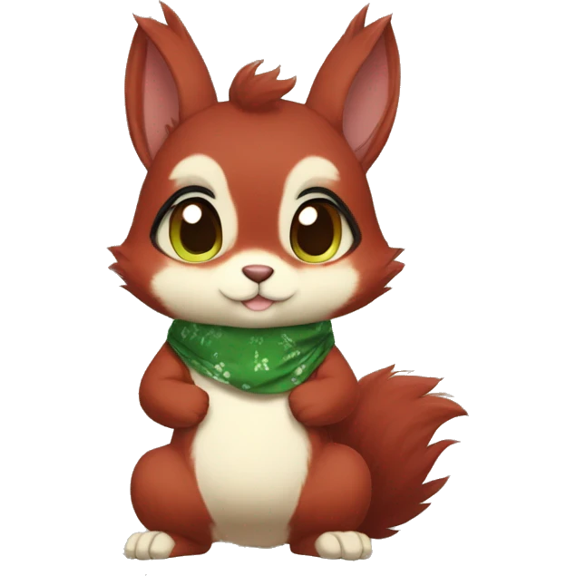 Cute, Chibi, chubby, fluffy, Kemono-style, Anthro, Fur-Sona, Dark-Red, Squirrel-Rabbit-hybrid-Fakémon, with a green bandana, full body emoji