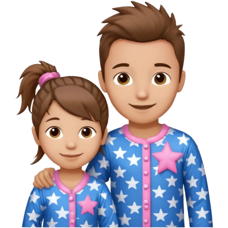 4 year old brown spikey haired boy with blue pajamas with stars on them and a 1 year old brown haired pony tail girl with pink pajamas, and stars on them with light skin. Top left on, can you make them smile more with lighter skin emoji