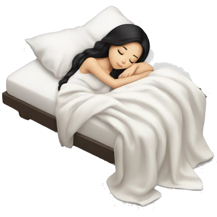 asian cute girl with long beauty black hair sleeping with white blanket and pillow emoji
