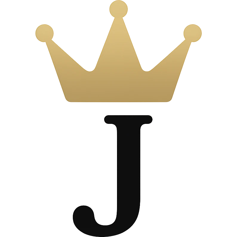Refine the 'King J' logo by making the crown more detailed and elegant, keep the letter J bold and regal, use gold and black colors, in a modern icon style with a transparent background. emoji