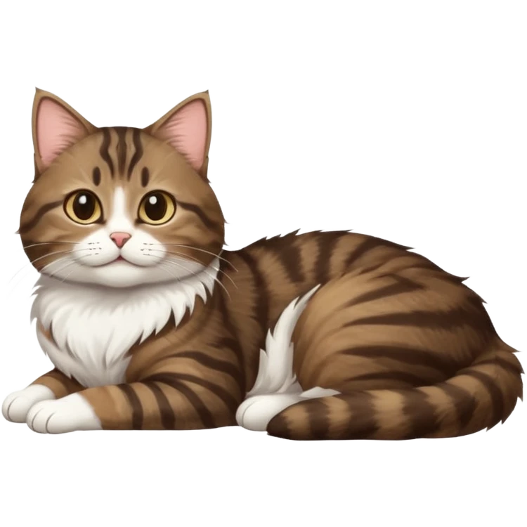 dark brown tabby and white cat with doing a big extremely long stretch reaching up into the air with arms and legs side by side together straight and overextended whilst lying on its side emoji