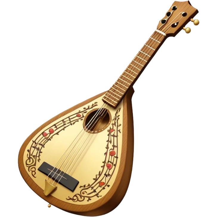 Create a refined and detailed emoji representing the 3-stringed Doff BCM balalaika. The design should feature the classic triangular shape of the balalaika, highlighting its smooth wooden body and high-quality finish. The three strings should be clearly visible, and the tuning pegs should reflect the craftsmanship of the instrument. Add subtle musical notes around the instrument to emphasize its melodic sound. Use rich wood tones, gold accents, and silver details to reflect the professional quality and elegance of the Doff BCM balalaika. The background should be transparent. emoji
