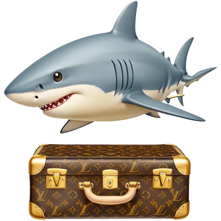 "Shark Secrets" - a shark with a golden Louis Vuitton suitcase, full of business advice. emoji