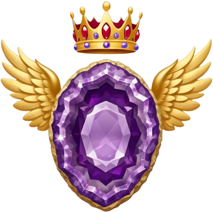 Big amethyst geode with red rubby dots award-in-frame-decorated-with-big-golden-angel--wings and crown emoji