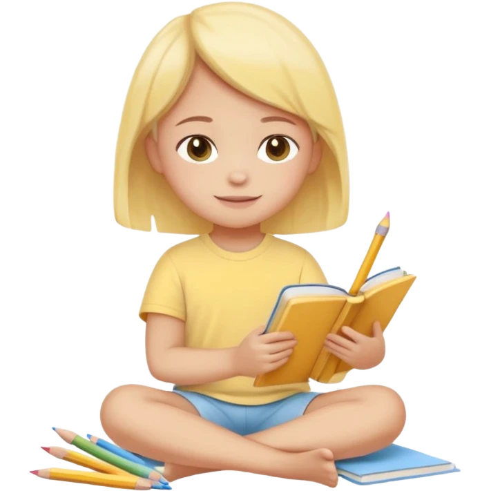 Flat illustration emoji of a small child sitting and reading a book with colored pencils or paint palette nearby, happy and peaceful expression, soft pastel colors (yellow, light blue, soft pink), rounded shapes, minimal details, child-friendly, warm and gentle style emoji