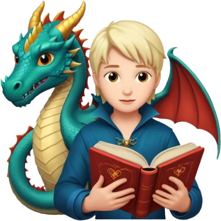 Reading fantasy novels with love and dragons emoji
