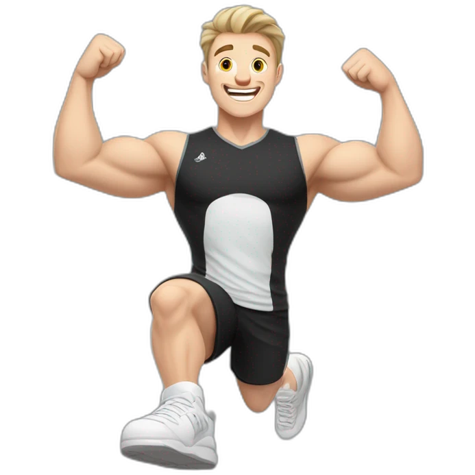 Joyful Celebrating victory Pale skinned Fit Man With the biceps and dark brown hair in black shirt, gray sports shorts and white Sneakers emoji