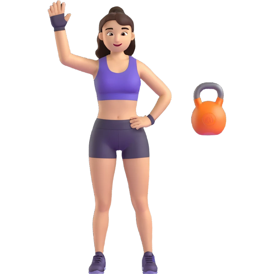 sport girl with kettlebell in one hand and waving hello with the other emoji