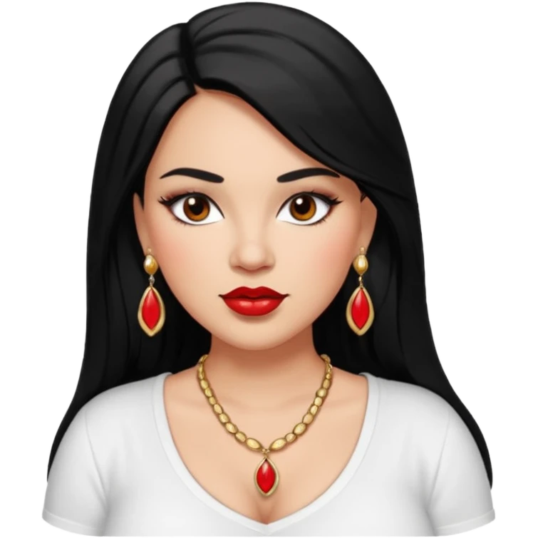 Mexican Light skin big brown eyes glamorous full figured women black medium straight hair red lips necklace and earrings long lashes white shirt  emoji