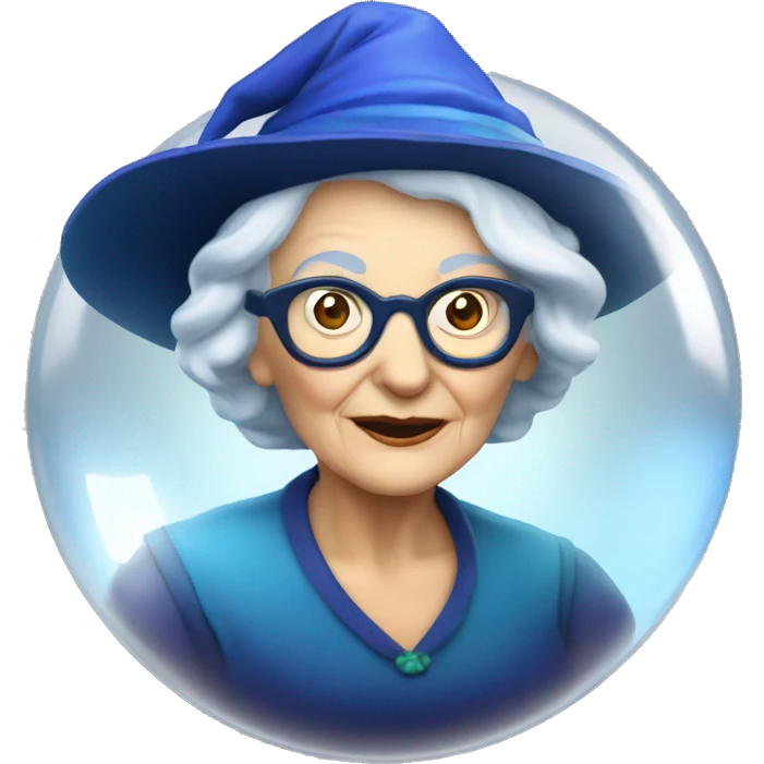 smart granny witch with glasses and blue hat in crystal ball emoji