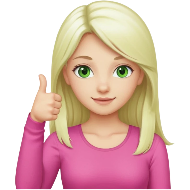 Long platinum blonde hair girl with green eyes in  pink top showing a thumbs up emoji