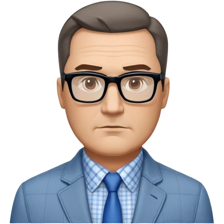 50-year-old heavyset man with very wide face and prominent square jawline. Short straight hair combed to the side, not balding. Large dark square glasses. Serious-relaxed expression. Light gray jacket that fits his larger frame, white shirt with blue checkered pattern. emoji