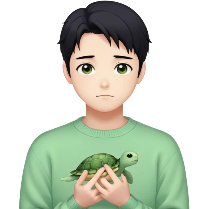 Gorgeous pastel green sweater black hair anime style shojo guy with blushing face and, turtle, aesthetic, trending style outside  emoji
