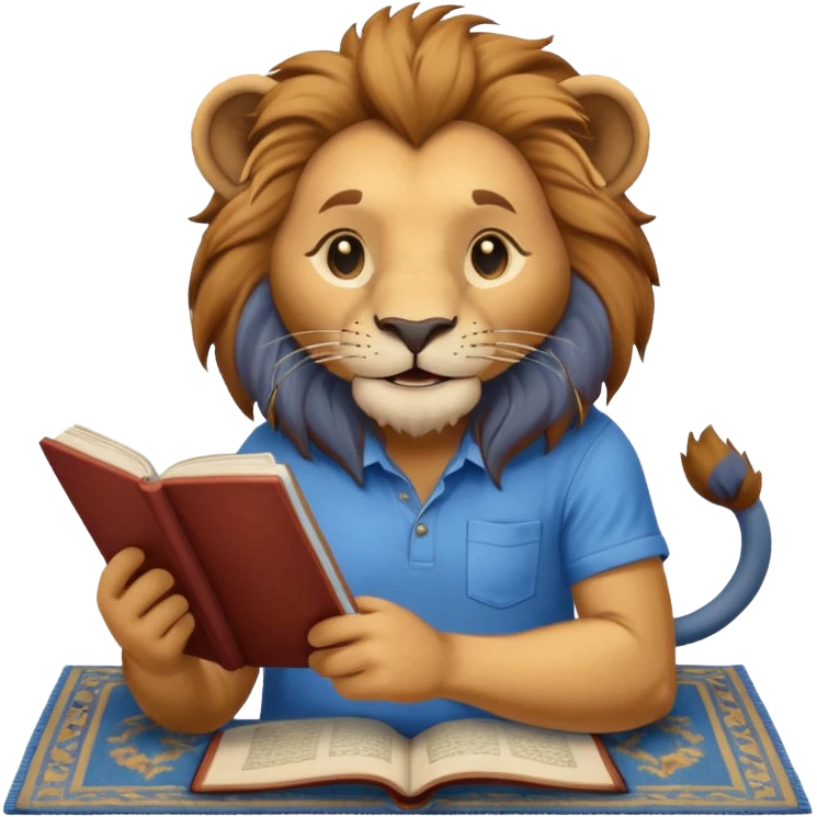 Happy lion reading  on a carpet with blue shirt on emoji