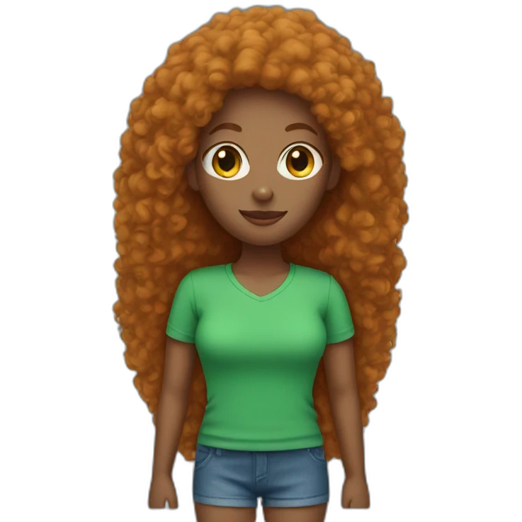Ginger afro woman, green shirt, blue shorts emoji