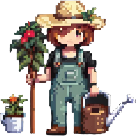 gardener character with straw hat, watering can, and gardening tools emoji