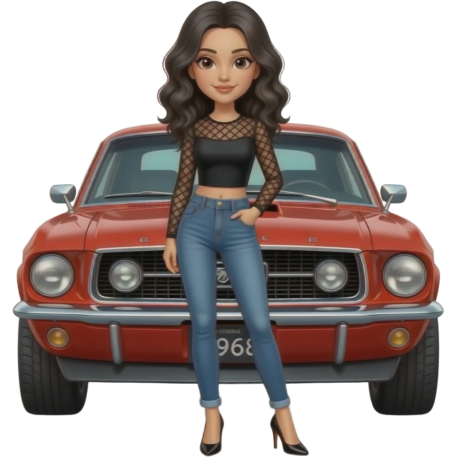 Pale girl with black wavy hair in front of a red Ford Mustang 1968 coupe. Girl wearing a sheer black top, jeans and heels. emoji