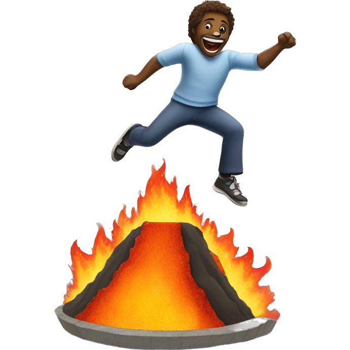 Happy man jumping into a flaming volcano that is fake and has a trampoline in it emoji