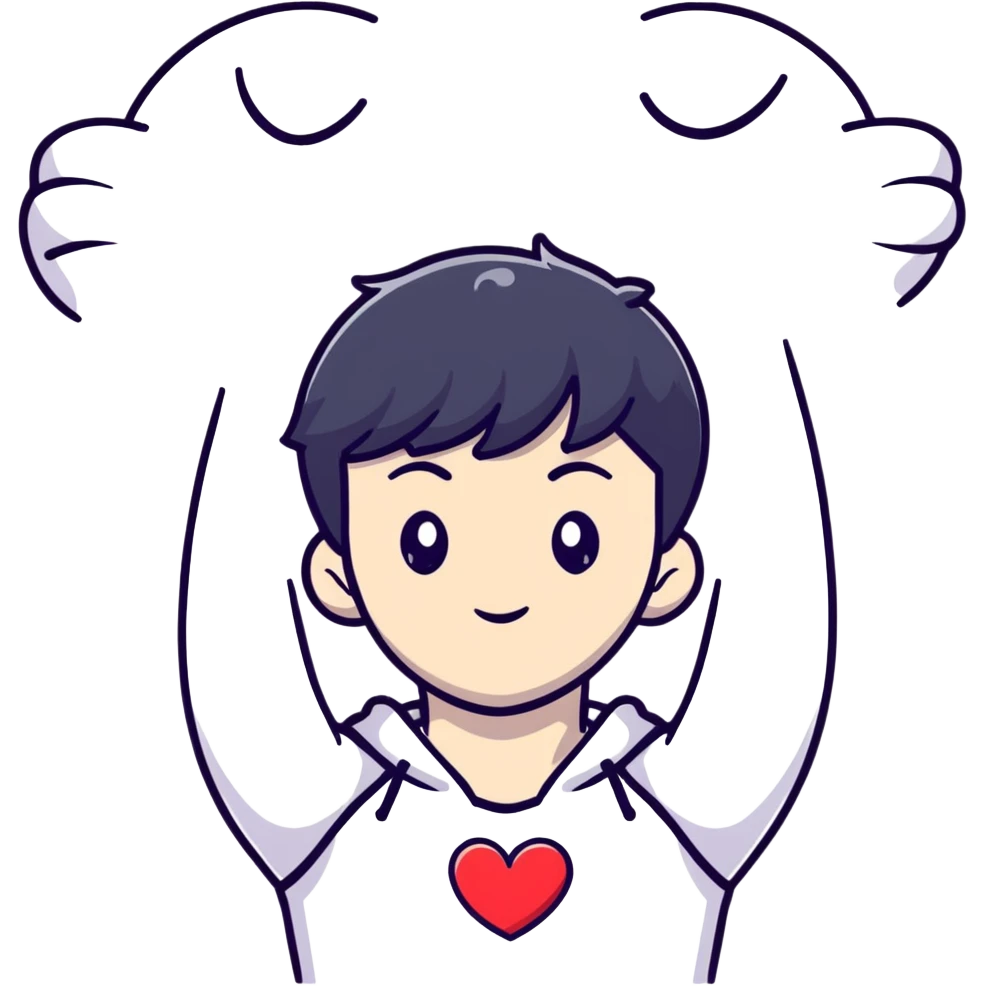 Black-haired male idol with arms forming heart shape above head, arms curved in heart outline, K-pop style emoji