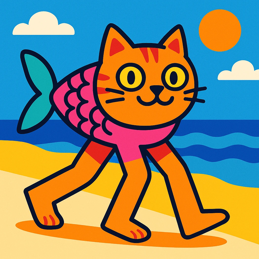 cat with fish body and four human legs, beach atmosphere, colorful cartoon style emoji