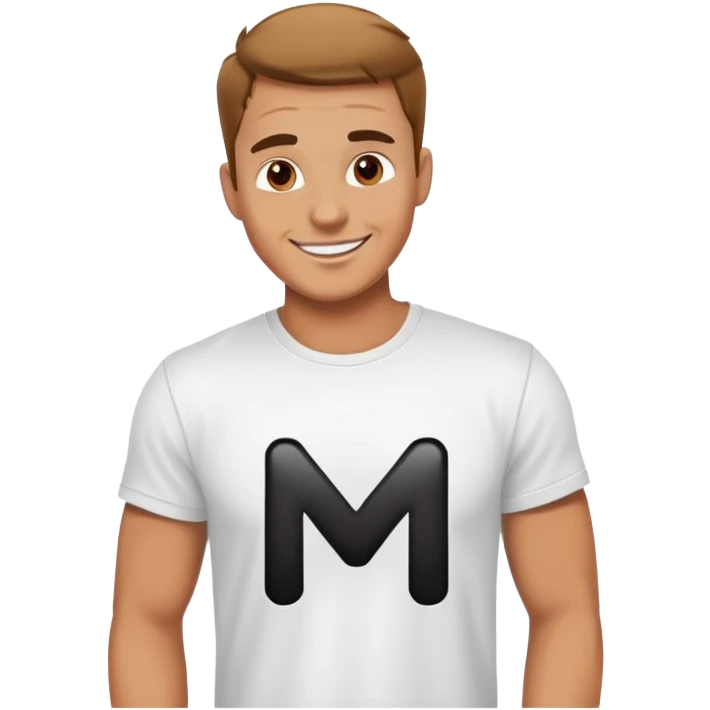 A happy man wearing a white t-shirt with a big black M on the t-shirt  emoji