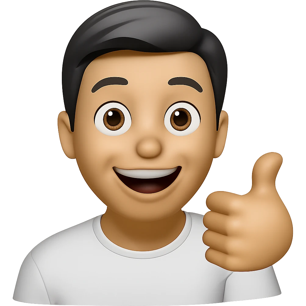 Keep the same color and shape as the original image. Change the facial expression to a 'very match' excited look with big eyes, a wide smile, and a thumbs up gesture. Transparent background. emoji