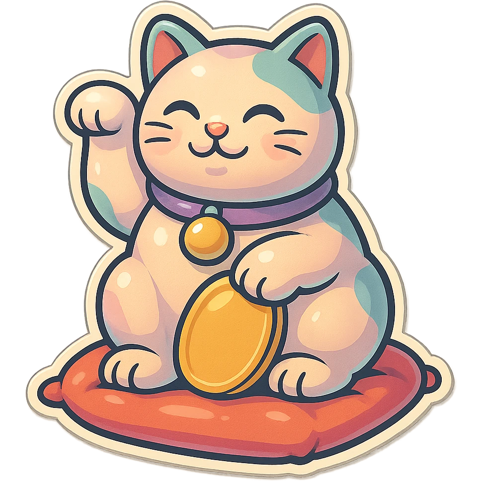 plump maneki-neko cat with raised left paw sitting on a cushion, eastern style, retro stickers style, thin clean outlines, soft rounded shapes, detailed drawing with shadows and highlights, pastel palette #98B5BC, #B5B3C1, #C9A3C9, #E4C0CA, #F7DCD1, #F7C0AA, modern Japanese pop art, soft lighting, transparent background emoji