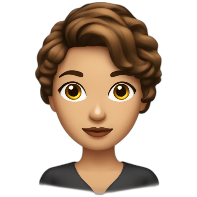 mujer con cabello castaño por los hombros con flequillo lacio, con anteojos cat eye negros, ojos marrones  emoji