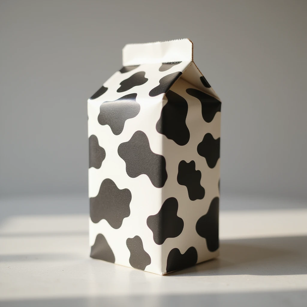 realistic milk box featuring a cow print pattern, natural lighting, subtle shadows, photorealistic emoji