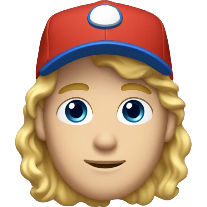 blonde wavy hair man with blue eyes and red t-shirt and sideways baseball cap emoji