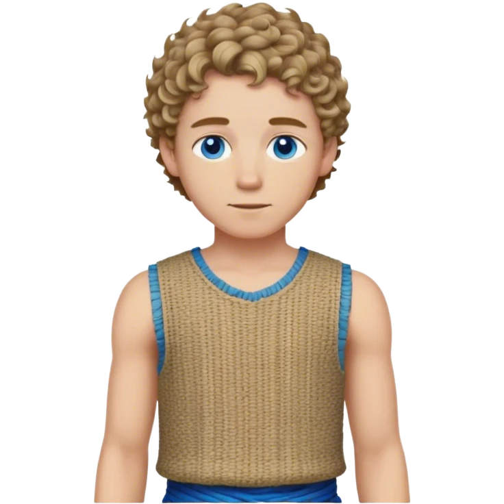 medieval summer outfit worn by a DnD themed fantasy male character. basic sleeveless rough-spun tunic with a decorative woven pattern along the edges. clothes only above the waist. The clothes full waist. The character's haven't arms. character is white-skinned, dark blonde hair, blue eyes, short curly hair. emoji