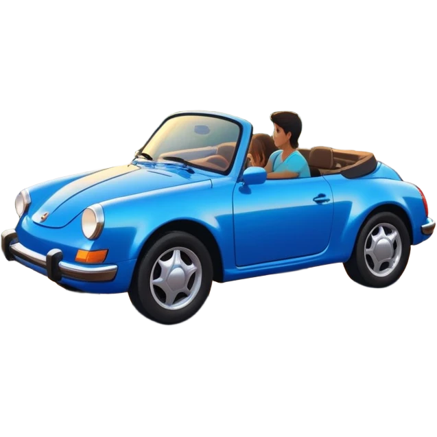 A parked blue car sits quietly on the side of an open road, facing a breathtaking sunset. Two people stand outside, backs turned, watching the horizon. The road stretches endlessly ahead, surrounded by a peaceful, glowing landscape full of light, warmth, and possibilit emoji