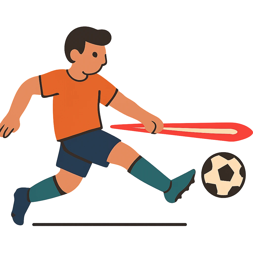 flat toon style soccer player kicking a ball, laser beam passing by emoji