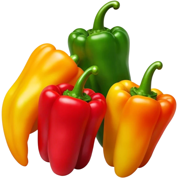 Cinematic bright colorful peppers, glossy and fresh, arranged in a vibrant mix of red, yellow, and green, warm glowing background, fresh and lively. emoji