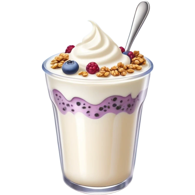 Mystical floating Greek yogurt cup with magical protein granola and glowing chia seeds, surrounded by sparkles and celestial aura emoji
